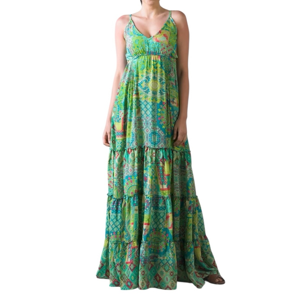 Bohemian Green Printed Maxi Dress with V-Neck